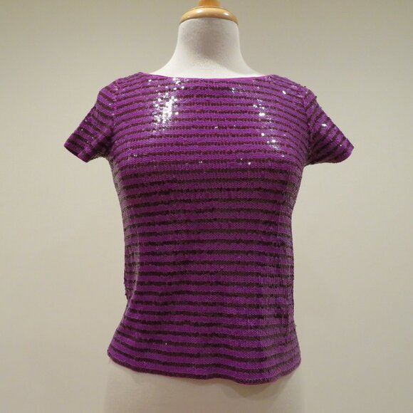 Women XXS Purple Sequins T-Shirt Top J.Crew Short Sleeve Crew Neck Sparkly Fun - Picture 1 of 11